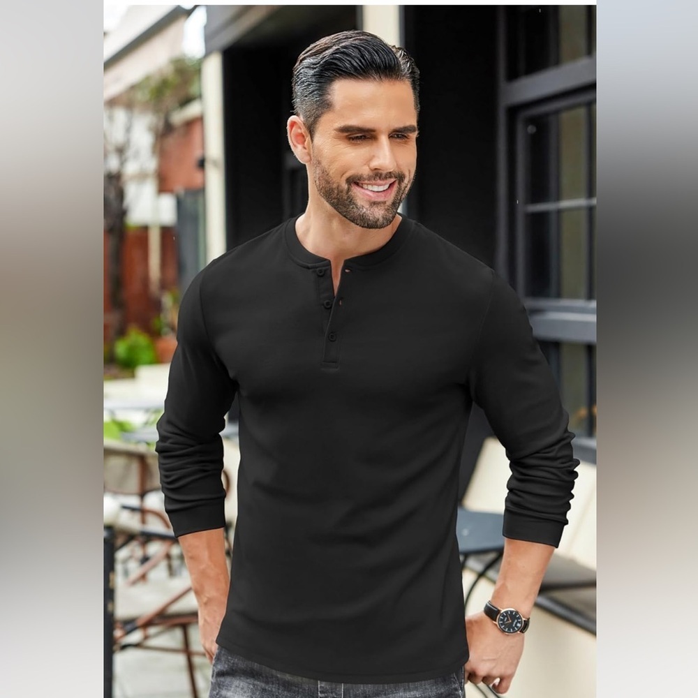 Coofandy Black Long Sleeve Henley‎ for Men